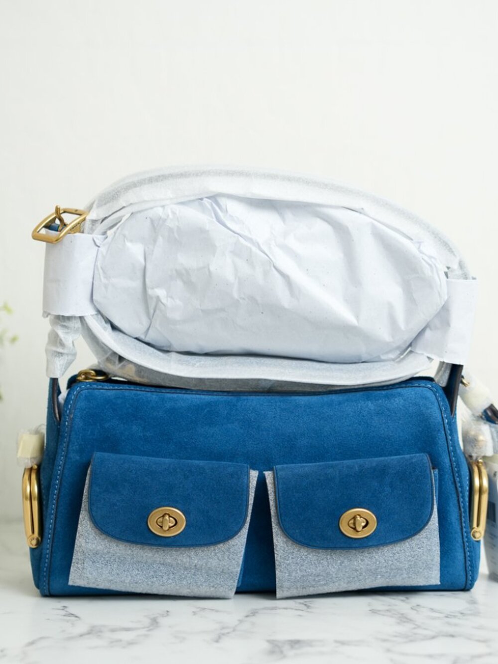 Coach CFQ59 Suede Turnlock Haversack Bag 27 in Blue Jay NWT